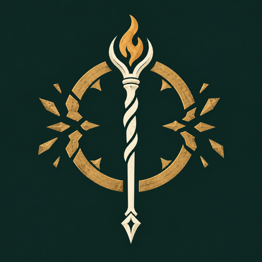 Original field guide emblem: a flame-tipped staff breaking a brass ring